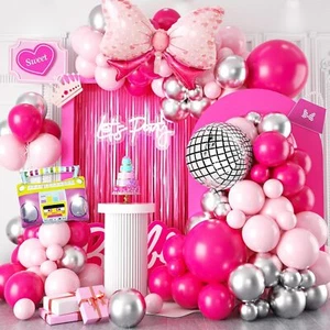 Pink Balloon Garland Arch Kit Hot Pink Silver Balloon Arch with Disco and Bow... - Picture 1 of 7