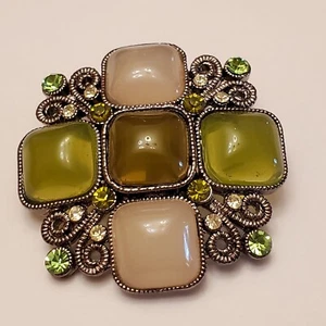 Celtic Cross Flower Green Tone Cabochons & Crystals Vintage Silvertone Brooch - Picture 1 of 3