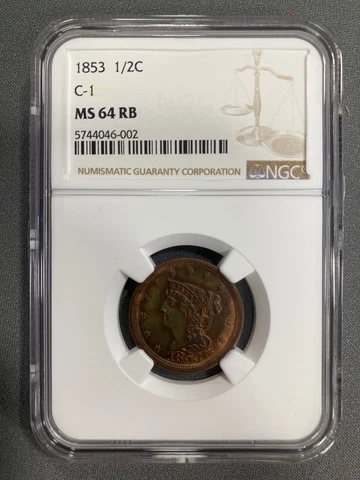 1853 Braided Hair Half Cent - NGC MS64 RB Cover
