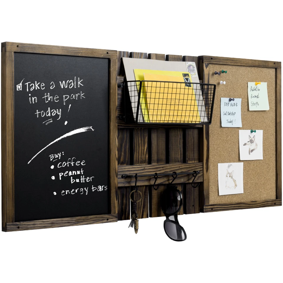 Wall Mounted Entryway Brown Wood Bulletin Board w/ a Chalkboard and Mail Basket - Image 1 of 4