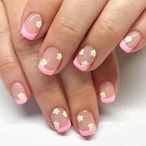 Pink French Tip Press on Nails Short Square Fake Nails French Flower Nails 6 - Picture 1 of 6