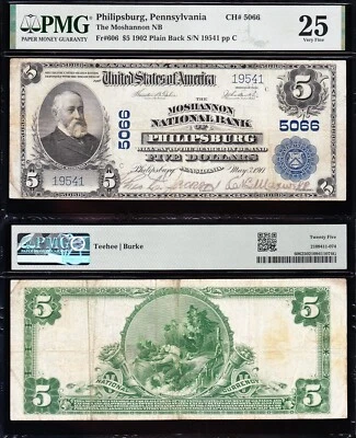 Nice RARE Bold & Crisp VF 1902 $5 PHILIPSBURG, PA National Note! PMG 25! 19541 - Image 1 of 3