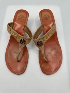 Tory Burch Cameron Natural Cork Gold Logo Wedge Thong Women Size 9M - Picture 1 of 8