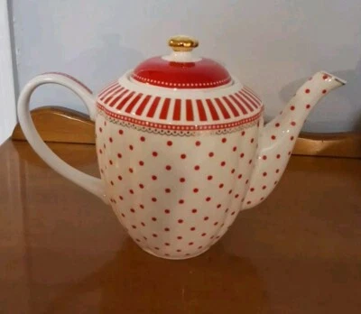 TETERA GRACE ROJA, LUNARES DORADOS, TETERA DE PORCELANA A RAYAS, TÉ, CAFETERA Foto 1 de 4