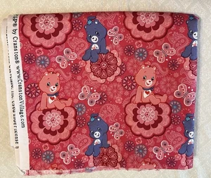 Care Bears Fabric Red Pink Bears on Flowers w/Butterflies 2 Yards - Picture 1 of 3