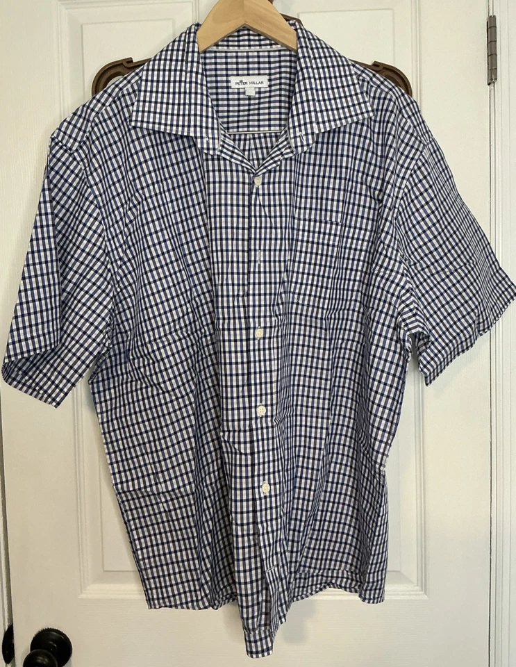 Peter Millar Short Sleeve Check Button Up Shirt Navy White Purple Men's XXL - Image 1 of 4