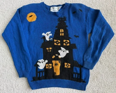 Suéter De Colección Años 90 Marisa Christina Halloween Talla S Tejido a Mano Azul Araña Fantasma Foto 1 de 4