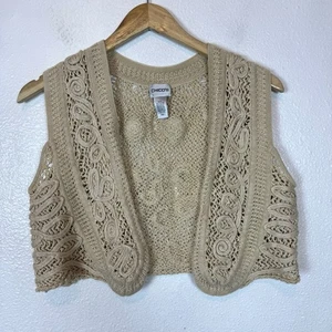 Chicos Knit Vest Womens Medium (1) Cotton Rayon Boho Festival Neutral Beige Crop - Picture 1 of 10