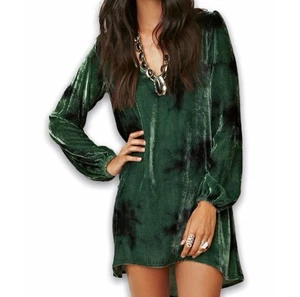 BLU MOON Samt KLEID XSMALL grün lang Glockenärmel V-Ausschnitt Damen - Bild 1 von 15