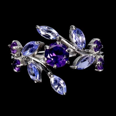 Anillo de plata de ley 925 redondo amatista 5 mm tanzanita piedras preciosas joyería tamaño 8 Foto 1 de 4