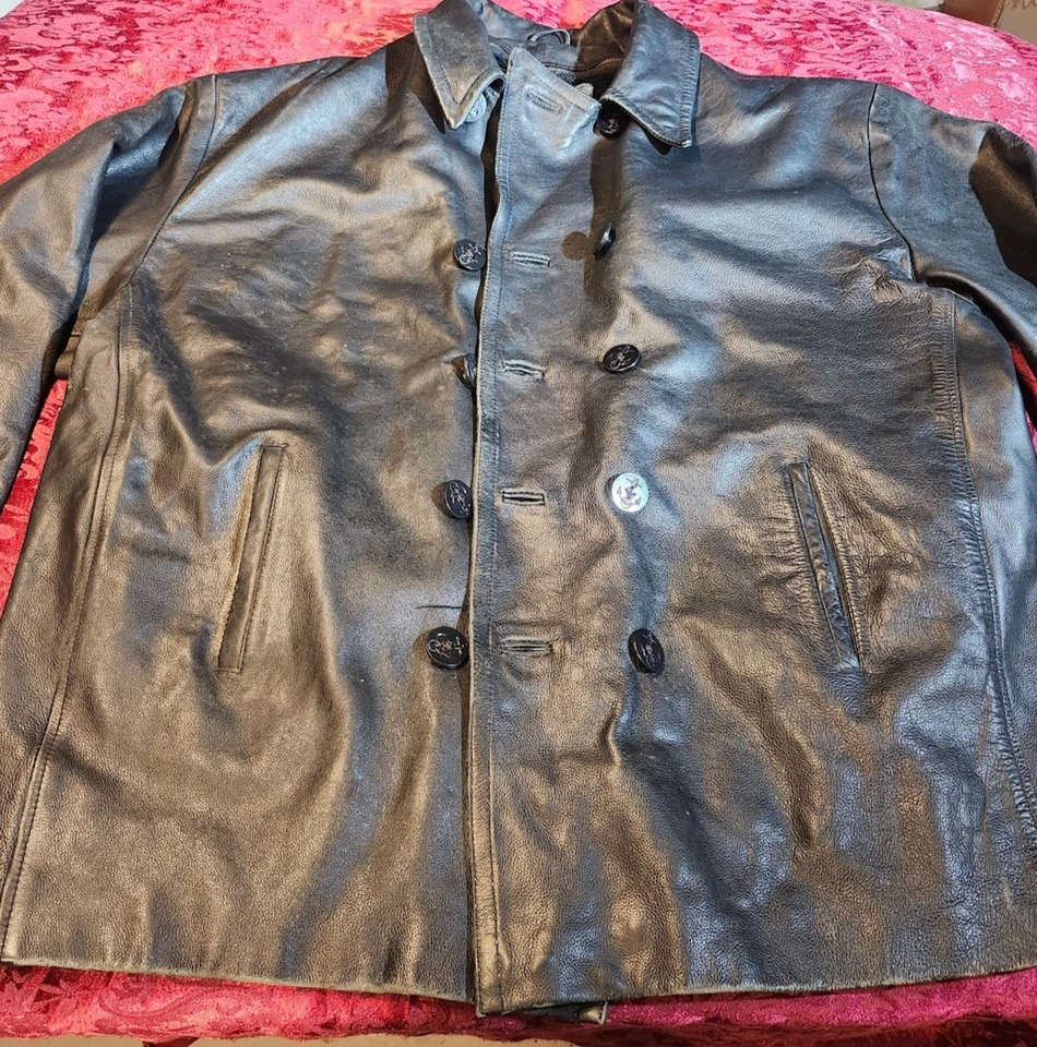 Abrigo de guisante vintage Express de cuero negro con botones con forro polar extraíble Foto 1 de 4