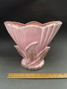 PINK GOLD FLECK HOLLYWOOD REGENCY TULIP & LEAF FLOWER VASE VINTAGE - Picture 1 of 7