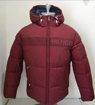 Casaco masculino Tommy Hilfiger com zíper completo com capuz jaqueta acolchoada marrom vermelho tamanho pequeno - Imagem 1 de 4