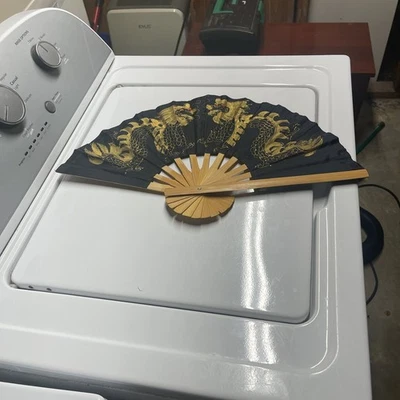 Ventilador de pared plegable de bambú pintado a mano dragón chino vintage Foto 1 de 2