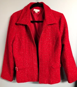 Christopher & Banks Jacket Womens Sz Large Red Sparkle Tweed Like Zip Up - Picture 1 of 9