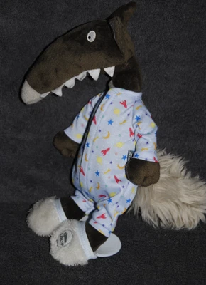 🍀Peluche AUZOU P'tit Loup Doudou Loup Salopette Pyjama Bleu Pantoufle  27 Cm - Photo 1/4