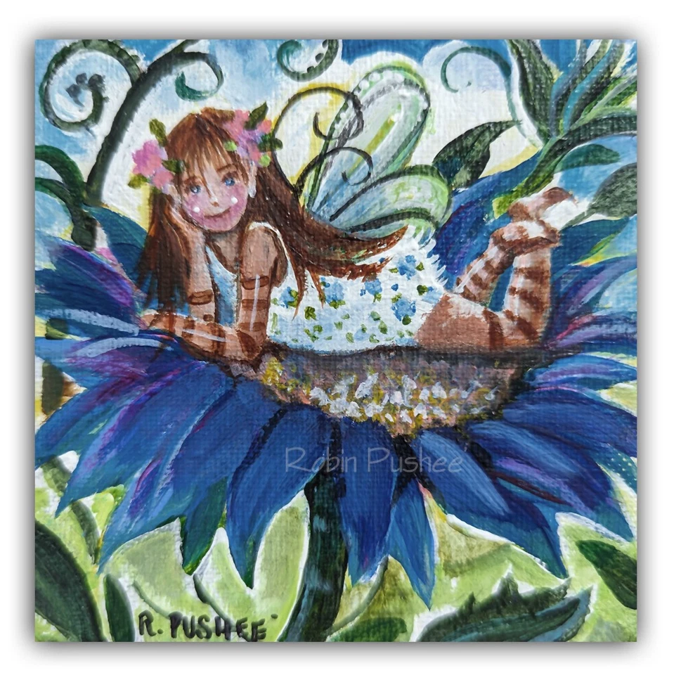 original art, Little Fairy on a Blue Flower..4x4 canvas panel.. mini Painting - Image 1 of 1