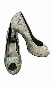 SILVER GLITTER PEEP TOE HIGH HEEL PRINCESS FAIRY ADULT SHOES COSTUME ACCESSORY - Picture 1 of 1