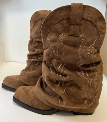 Botas ocidentais femininas sem limites dobráveis biqueira quadrada marrom EUA tamanho 9 - Imagem 1 de 4