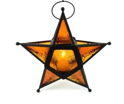Set of 3 Moroccan Star Hanging Tea Light Votive Candle, 2 Amber/Gold + 1 Red  - Image 1 of 4