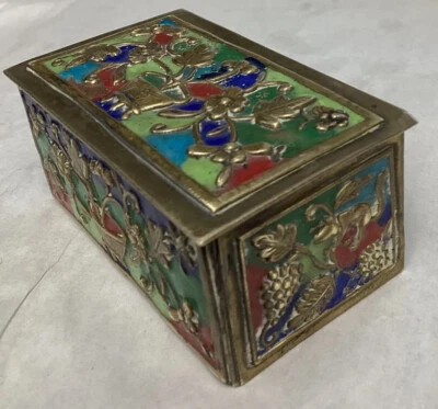 Antique Bronze Chinese Champleve Enamel Squirrel & Grapes Stamp Box - Image 1 of 4