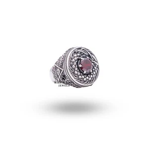 Anillo de motociclista Ouroboros dragón criatura animal tercer ojo laboratorio granate plata 925 para hombre - Imagen 1 de 7
