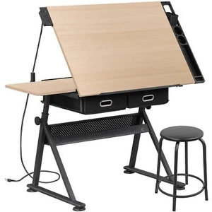Drafting Drawing Table Tabletop Adjustable Height with Charge Outlet Natural - Picture 1 of 9