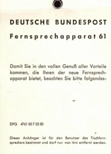 original Anhänger f Fernsprech-Apparat 61, Standard-Telefon Dt. Bundespost, 1965 - Bild 1 von 2