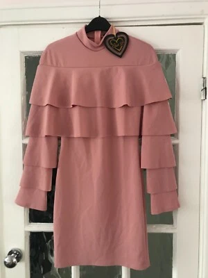 ladies dress CLUB L lagenlook pink frill dtl high neck long slvs mini sz 8 BNWT - Image 1 of 4
