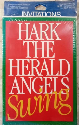 Vtg 1980s Christmas Party Invitations Hark t Herald Angels SWING Recycled Paper - Image 1 of 3