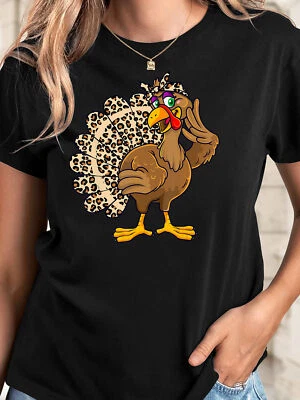 Camiseta para mujer con estampado de pavo de Acción de Gracias - Estampado de leopardo, cuello redondo, top  Foto 1 de 4