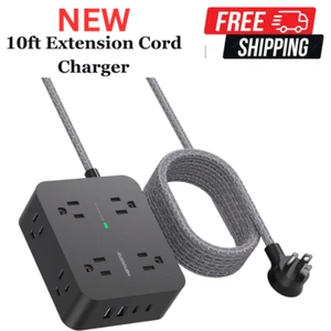 NEW 10Ft Extension Cord Charger, Fast Charging USB C, w/ 8 Outlets & 4 USB Ports - Picture 1 of 7