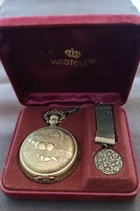 Vintage Westclox Pocket Watch Deer Hunter Dogs / Filigree w Fob in Box - Picture 1 of 6