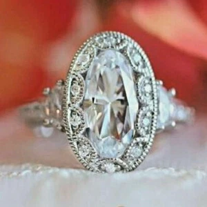 3.80Ct Oval Cut Solitaire Simulated Engagement Ring 14K White Gold Plated Silver - Picture 1 of 6