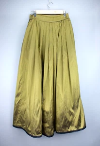 OLEANA Womens Box Pleated Long Skirt A-Line Metallic Olive 100% Silk Size L - Picture 1 of 12