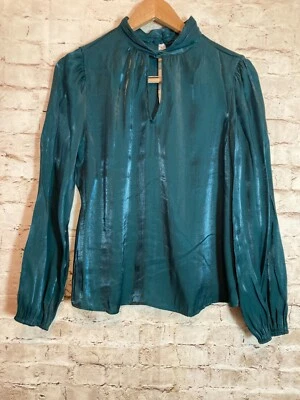Nine West Organza Top Womens Large Dark Teal Green Satin Crinkled Dark Romantic - Image 1 of 4