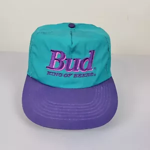 Vintage Bud King of Beers Mütze blaugrün lila Druckknopflasche - Bild 1 von 8