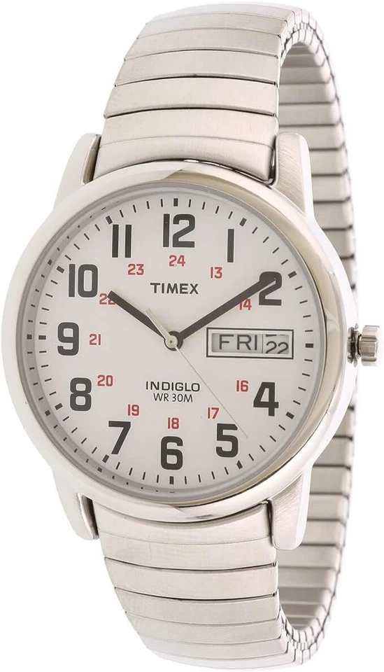 Mens Timex Indiglo Easy Reader Stretch Expansion Stainless Day Date Watch T2N091