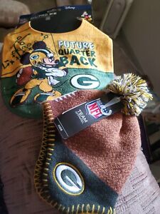 NFL Green Bay Packers Football Infant Knit Beanie Hat & Disney Mickey Bib NWT