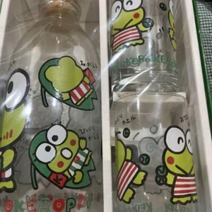 Botella y vaso de vidrio Sanrio / Kerokeroppi Heisei retro raro de Japón - Imagen 1 de 10