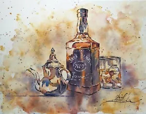 Original watercolor painting Jack Daniel's whiskey painting Drink art 11"x15" - Picture 1 of 3