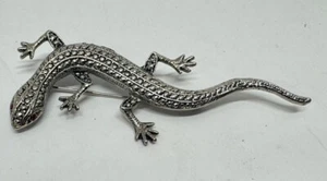 Vintage Lizard Brooch Pin Silver Tone RED Rhinestone Eyes 3.25" - Picture 1 of 4