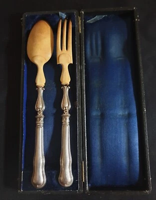 Couverts à salade argent massif poinçon Minerve et manche os dans son écrin XIX - Photo 1/4