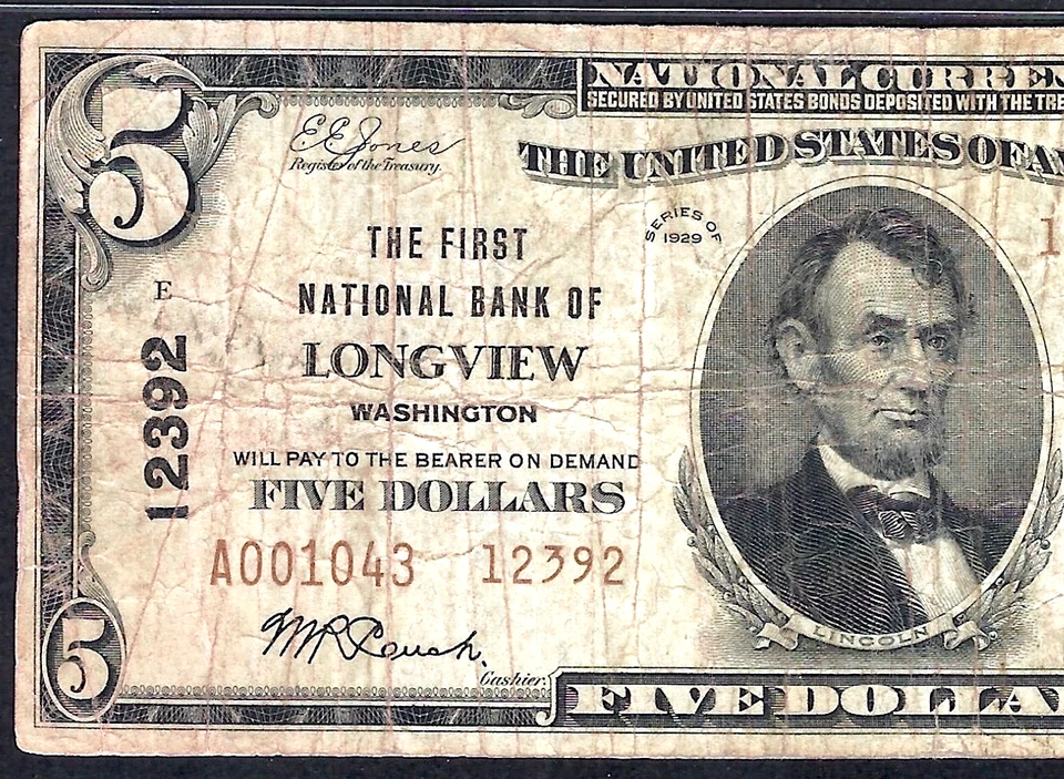 🇺🇸 WA 1929 $5 TYPE-2 ♚♚LONGVIEW, WASHINGTON♚♚ PMG CHOICE FINE 15 HARD TO FIND! - Image 1 of 3