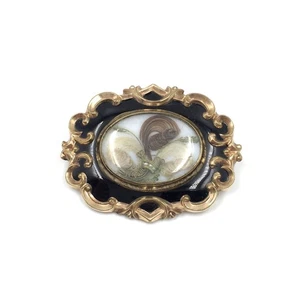 Broche antiguo luto victoriano joyería metal dorado esmalte y pelo - Imagen 1 de 11