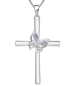 Butterfly Cross Necklace Sterling Silver Crucifix Pendant Created Alexandrite... - Picture 1 of 7