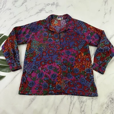 Blusa Top Monzón Mujer Vintage Años 80 Floral Talla 10/12 Rojo Púrpura Botones Latón Foto 1 de 4