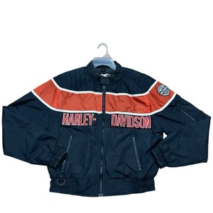 Vintage Harley Davidson Racing Team Nylon Jacket Bomber Black Orange Mens Size M - Picture 1 of 10