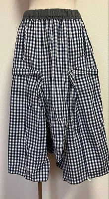 Calça Comme des Garçons Gingham xadrez 3 vias azul marinho/branco, cintura elástica, usada - Imagem 1 de 4