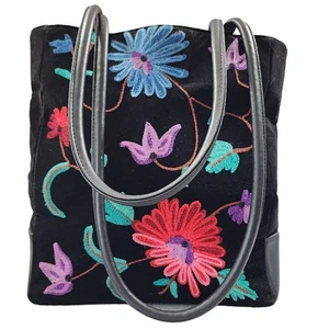 BUENO Bordado Floral Terciopelo Negro 3 Bolsillos Cartera Bolso de Mano Accesorios - Imagen 1 de 19